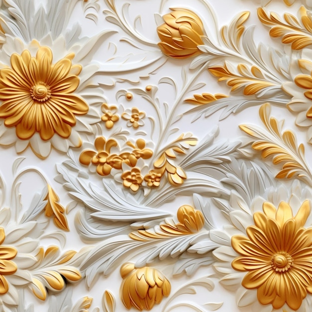 金の花と葉の生成aiを持つ装飾的な壁の接写