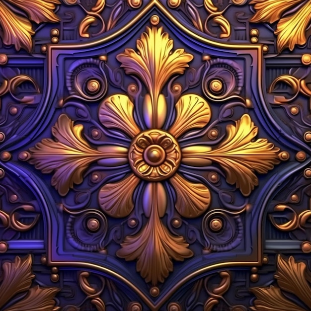 A close up of a decorative wall with gold and purple designs generative ai