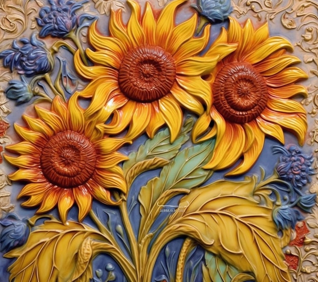 A close up of a decorative wall with sunflowers on it generative ai