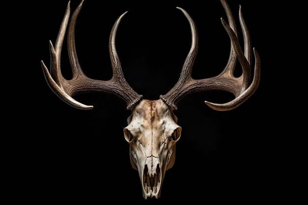 Photo close up of deer skull centered on black background