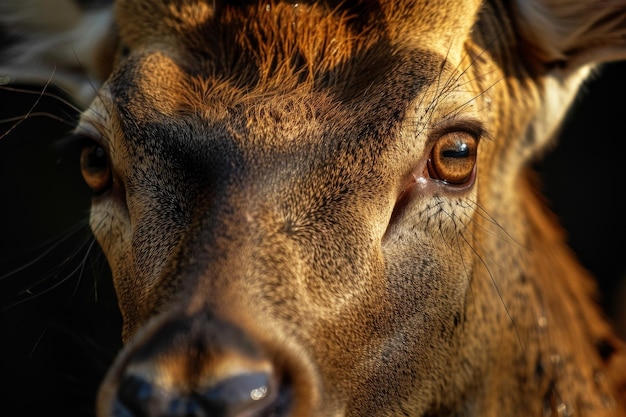 A close up of a deers face with its eyes open