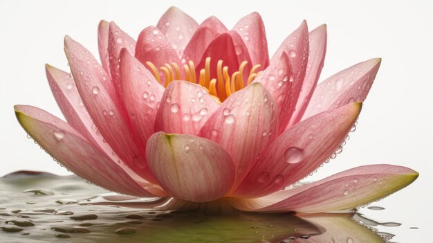 Foto close up di una delicata ninfila rosa con gocce d'acqua sui petali che riflettono serenità e bellezza naturale su sfondo bianco