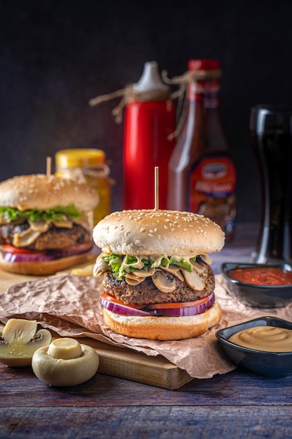 Close-up of delicious burgers with fries and mushroom on dark background