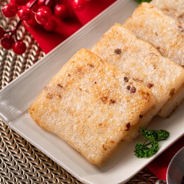 Close up of delicious Chinese radish cake for lunar new year celebration cuisine.