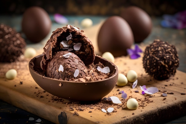 Close Up Delicious chocolate easter egg chocolate details and truffles with cocoa powder ornament