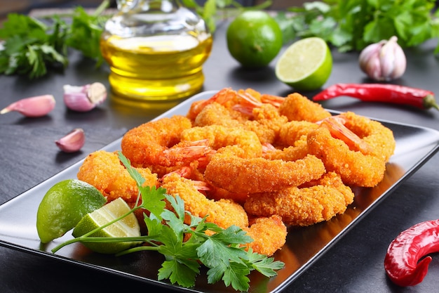 Close up of delicious deep fried breaded shrimps