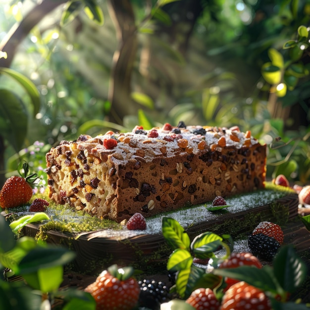 Close up of a delicious fruitcake on a table in the woods