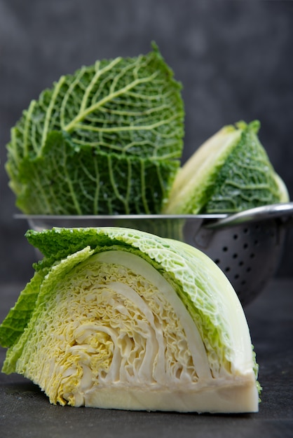 Close-up of a delicious organic cabbage in stainless steel colander