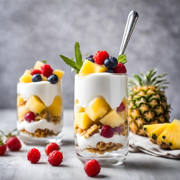 Close up of delicious of pineapple parfait made with fresh fruit and yogurt