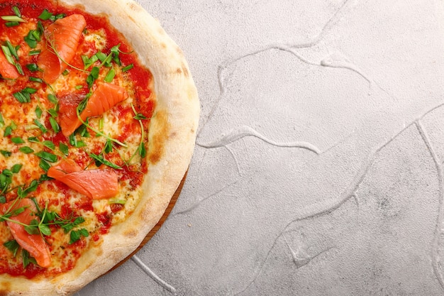 Close-up of delicious salmon pizza