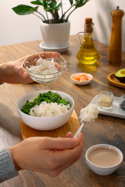 Photo close up on delicious seaweed dish