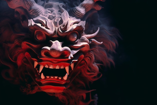 a close up of a demon mask with smoke coming out of it