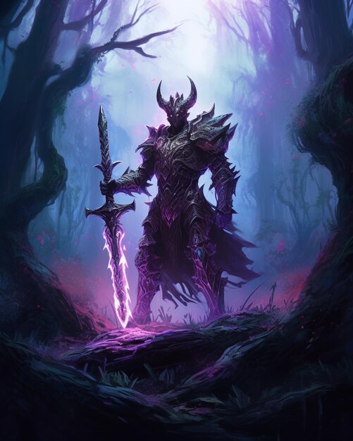 A close up of a demonic creature holding a sword in a forest generative ai