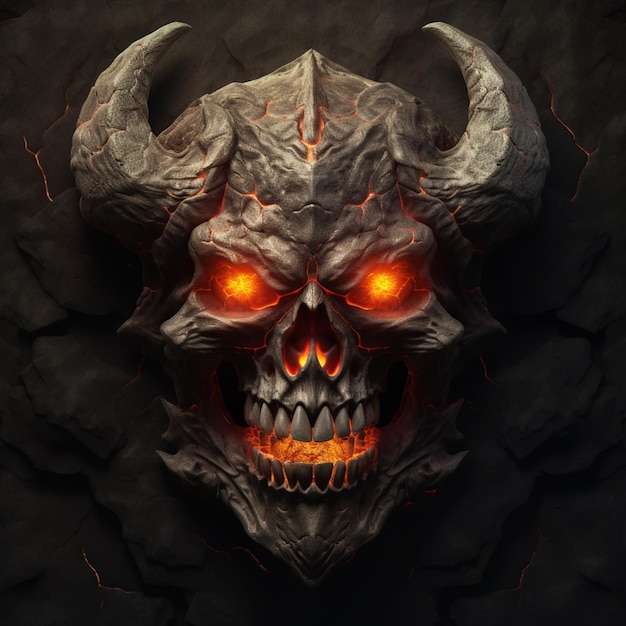 a close up of a demonic skull with glowing eyes and horns generative ai