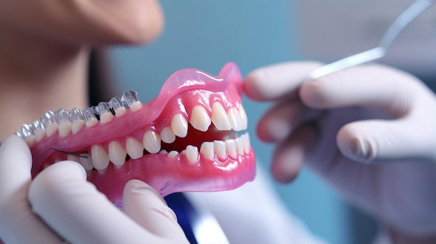 close up of a dental model in the dental office dentist hands holding a jaw with a toothbrush