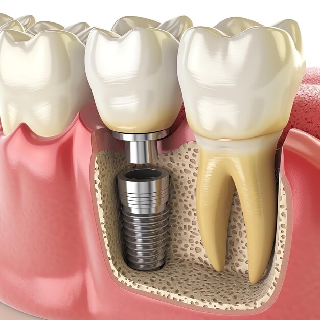 Photo close up of a dental tooth implant or healthy human teeth white enamel and dental implants surgery