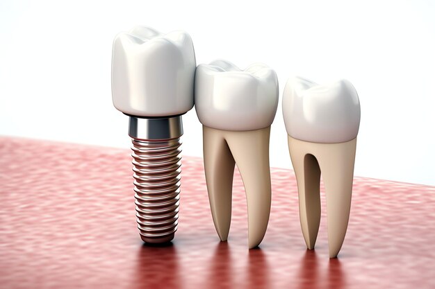 Close up of a dental tooth implant or healthy human teeth White enamel and dental implants surgery