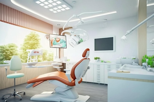 Close up of dentist chair in room with tv generative ai