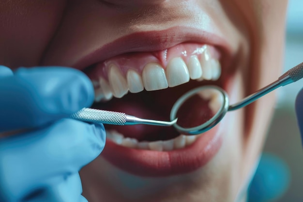 close up dentist examining patients teeth