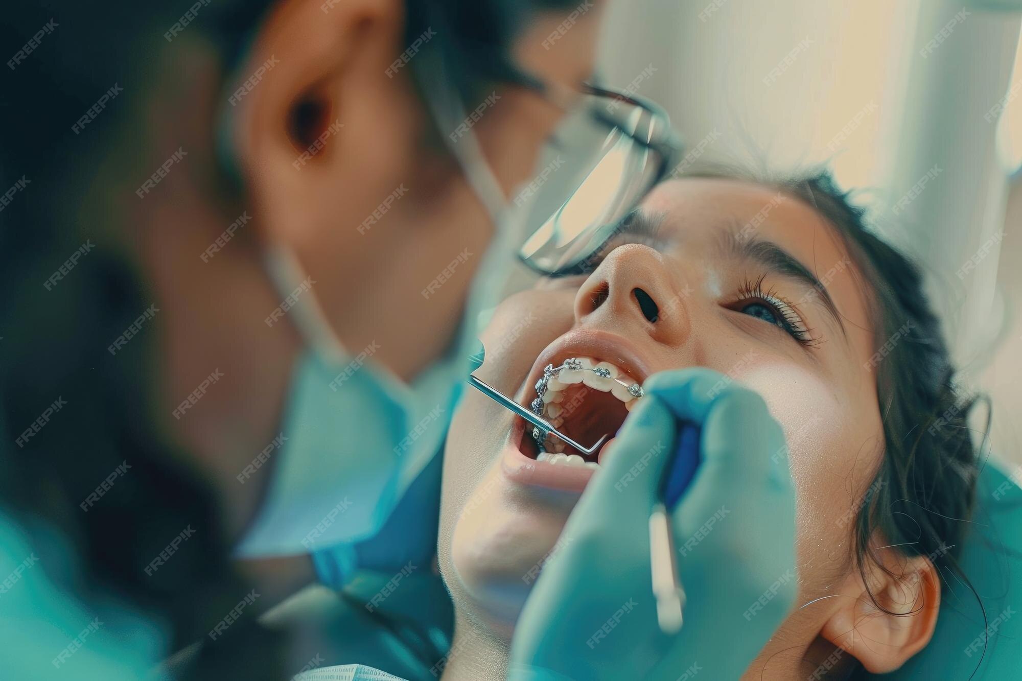 Premium Photo Close up of a dentist fitting a patient with braces