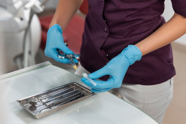 Photo close up on dentist instruments