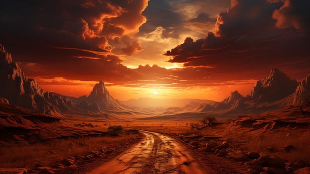 A close up of a desert scene with a sunset in the background