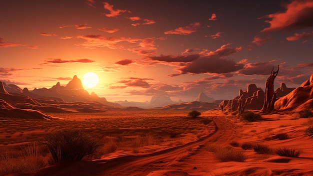 A close up of a desert scene with a sunset in the background