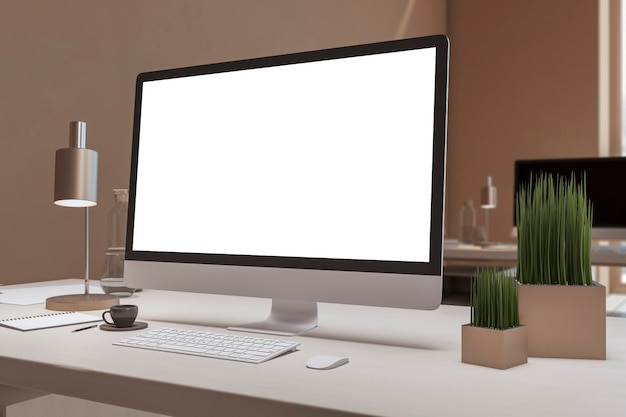 Крупный план дизайнерского офисного стола с пустыми белыми компьютерными мониторами, декоративными предметами и принадлежностями Макет 3D-рендеринга