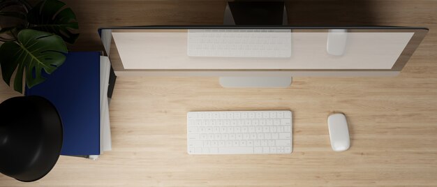 Close up Desktop computer blank screen mockup on wooden table 3d rendering