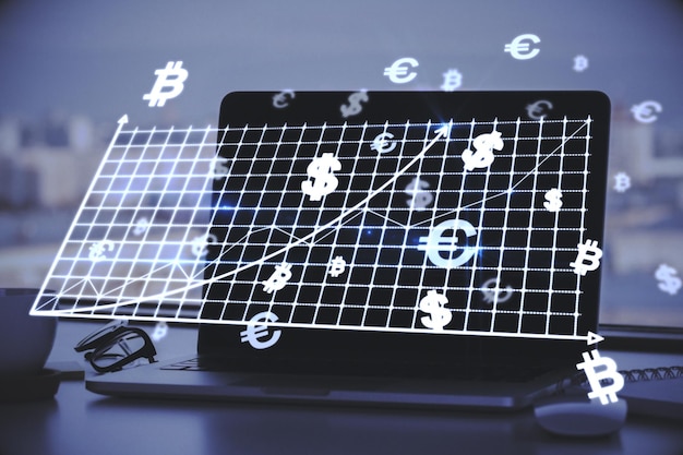 Close up of desktop with notebook and abstract glowing money mesh on blurry background Cryptocurrency and online banking concept Double exposure