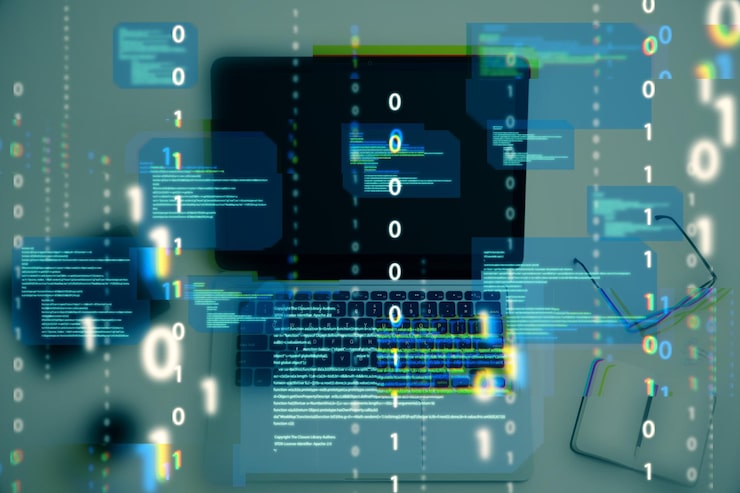 Photo close up of desktop with notebook computer and abstract coding binary code hologram on blurry background artificial intelligence and development concept double exposure