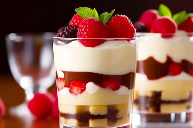 Close up of dessert in glass with strawberries on top Generative AI