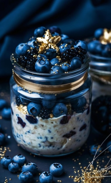 A close up of a dessert in a jar renaissance blue and black color scheme AI generated AI generativ