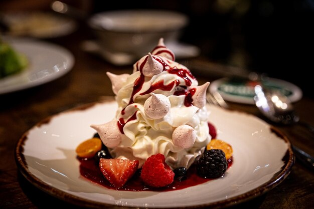 Close-up of dessert served on table