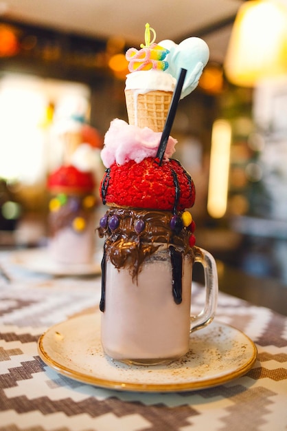 Photo close-up of dessert on table