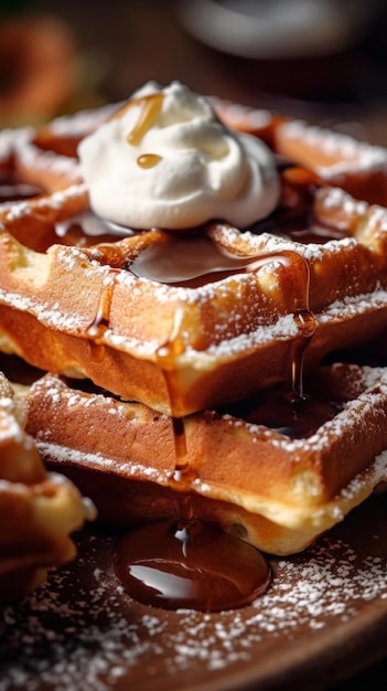 Close up of dessert waffles on table