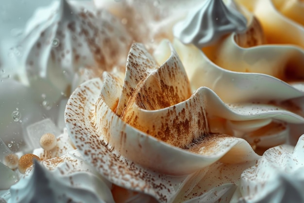 A close up of a dessert with a brown frosting and a white frosting