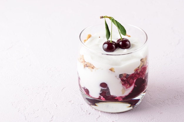 Close up of dessert with cherries, granola and cottage cheese