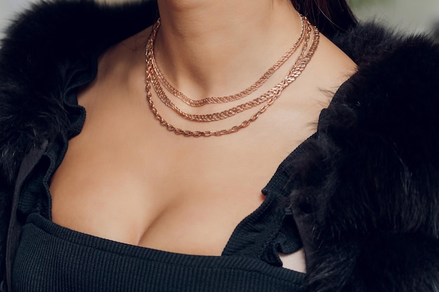 Close up Detail of a Beautiful Necklace in Glamour Shot Image of a beautiful precious piece around model s neck