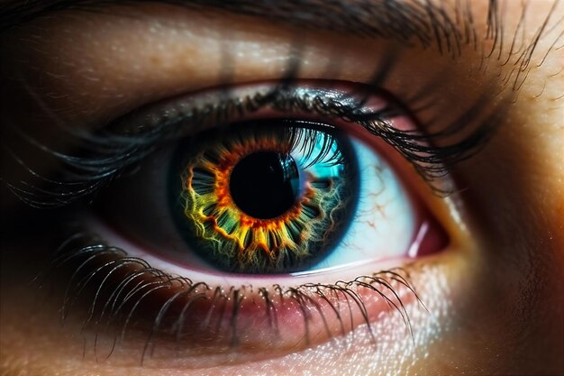 Close up detail of beautiful rainbow female eye pupil AI generated