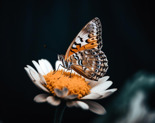 Крупный план бабочки, сидящей на лепестках цветка, красивый портрет бабочки
