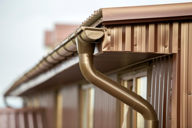 Photo close-up detail of cottage house corner with metal planks siding and roof with gutter rain system.
