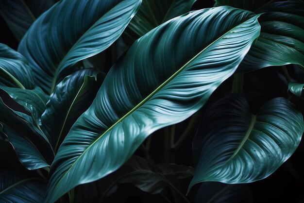 Close-up detail macro textuur helderblauw groene blad tropische bosplant spathiphyllum cannifolium in donkere natuur achtergrond gebogen blad bloem botanisch abstract desktop behang website achtergrond