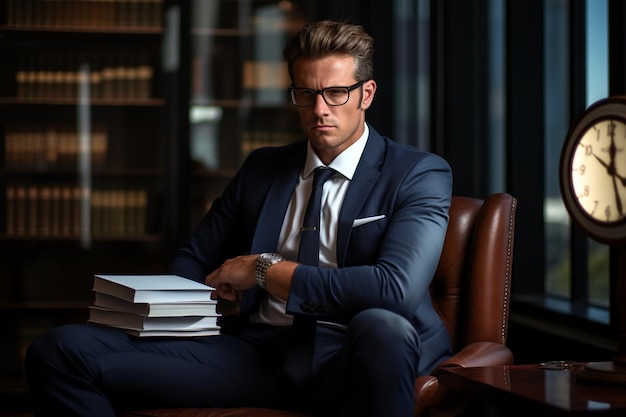 Close up detail of professional serious accountant sitting in light office