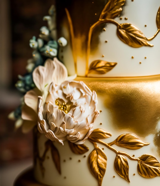 Close-up detail van een luxe bruidstaart exclusief high-end design prachtig gedecoreerde professionele premium cake als hoofddessert voor exquise huwelijksfeest Generative Ai