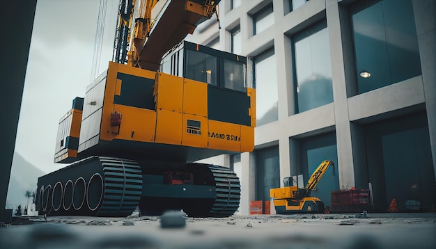 Close up details of excavator tracks on construction site