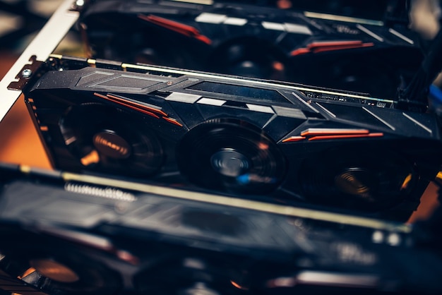 Close up details of graphics cards on cryptocurrencies mining rig Modern technology