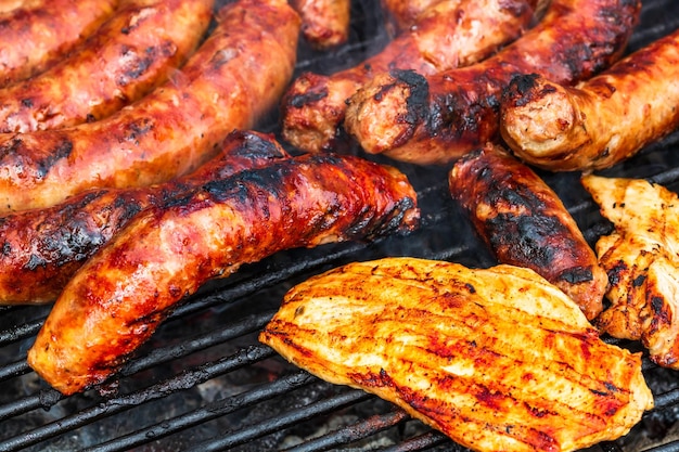 Close up on details of homemade chicken pork steak and sausages on barbecue grill Barbecue grill and food concept