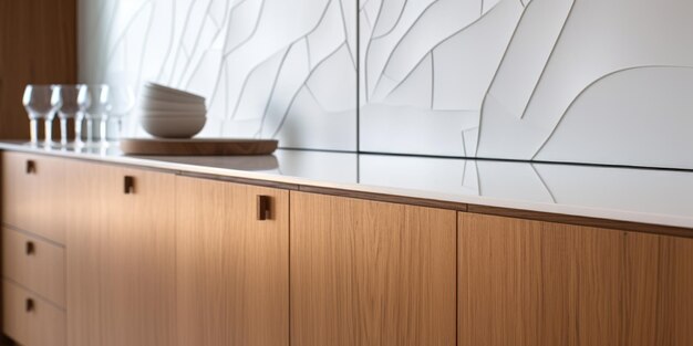 Photo close up details of modern designer touch kitchen with wooden details