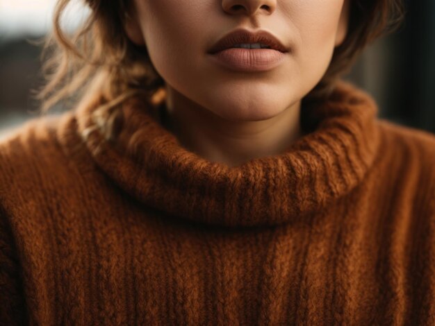 写真 女性の唇と茶色のニット ウールのスウェットシャツの詳細をクローズ アップ